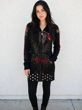Ed Hardy by Christian Audigier Tiger Rhinestone Wool Zip Hoodie Cardigan S